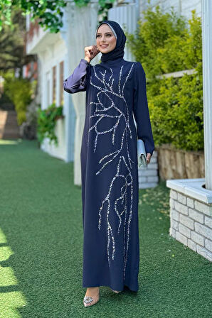 Taş İşleme Desenli Elbise 3889 Lacivert