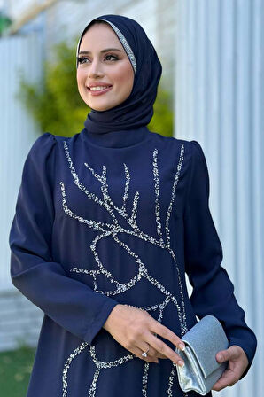 Taş İşleme Desenli Elbise 3889 Lacivert