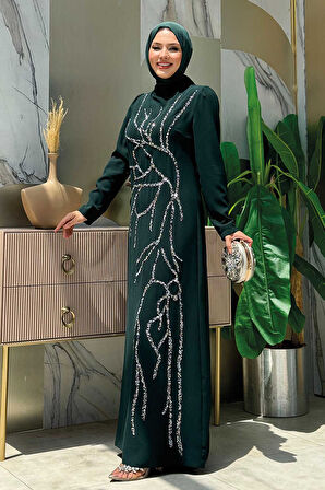 Taş İşleme Desenli Elbise 3889 Zümrüt