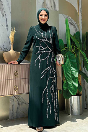 Taş İşleme Desenli Elbise 3889 Zümrüt