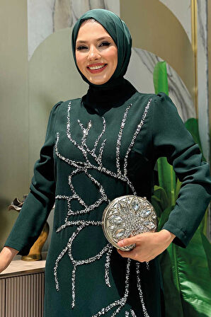 Taş İşleme Desenli Elbise 3889 Zümrüt