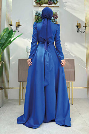 Taş Detaylı Saten Abiye Elbise 1158 Saks