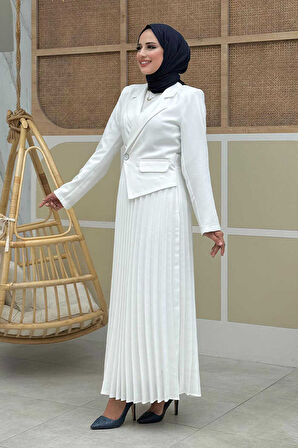 Ceket Görünümlü Eteği Piliseli Elbise 3700 Ekru