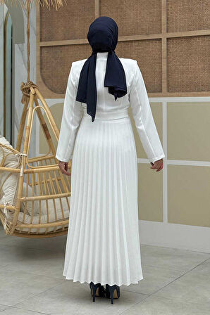 Ceket Görünümlü Eteği Piliseli Elbise 3700 Ekru