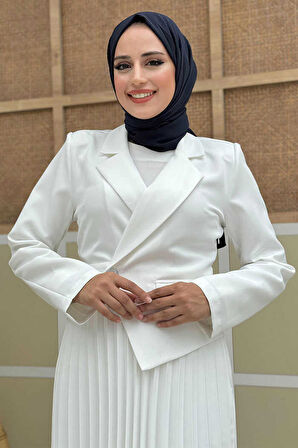 Ceket Görünümlü Eteği Piliseli Elbise 3700 Ekru