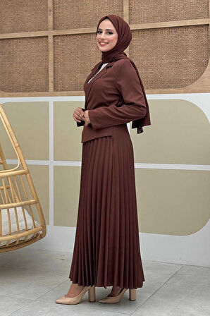 Ceket Görünümlü Eteği Piliseli Elbise 3700 Kahverengi