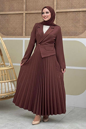 Ceket Görünümlü Eteği Piliseli Elbise 3700 Kahverengi