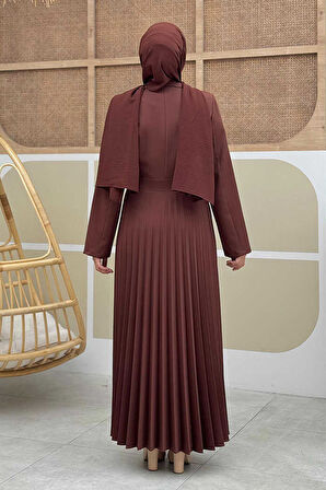 Ceket Görünümlü Eteği Piliseli Elbise 3700 Kahverengi