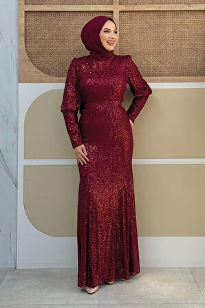 Bym Fashion Kemer Aksesuarlı Pul Payet Balık Abiye Elbise 3858 Bordo