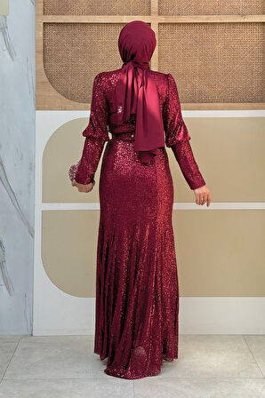 Bym Fashion Kemer Aksesuarlı Pul Payet Balık Abiye Elbise 3858 Bordo