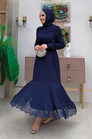 Etek Ucu Piliseli Dantel Görünümlü Kuşaklı Elbise 3890 Lacivert