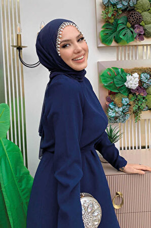 Etek Ucu Piliseli Dantel Görünümlü Kuşaklı Elbise 3890 Lacivert