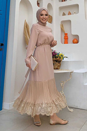 Etek Ucu Piliseli Dantel Görünümlü Kuşaklı Elbise 3890 Taş