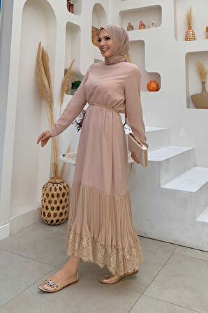 Etek Ucu Piliseli Dantel Görünümlü Kuşaklı Elbise 3890 Taş