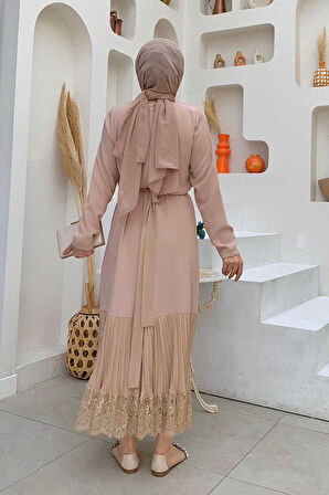 Etek Ucu Piliseli Dantel Görünümlü Kuşaklı Elbise 3890 Taş