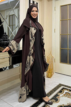 Çiçek Desenli Fırfırlı Abaya 7908 Kahverengi