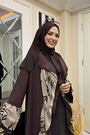 Çiçek Desenli Fırfırlı Abaya 7908 Kahverengi