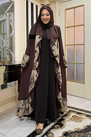 Çiçek Desenli Fırfırlı Abaya 7908 Kahverengi