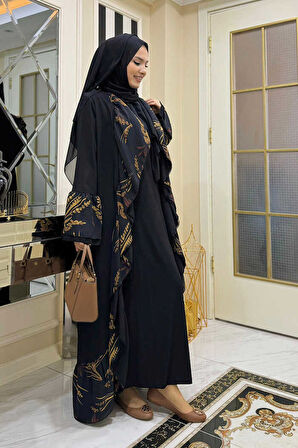 Çiçek Desenli Fırfırlı Abaya 7908 Siyah