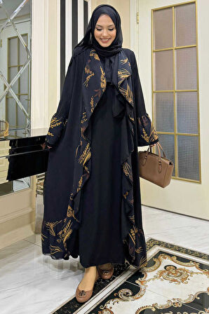 Çiçek Desenli Fırfırlı Abaya 7908 Siyah