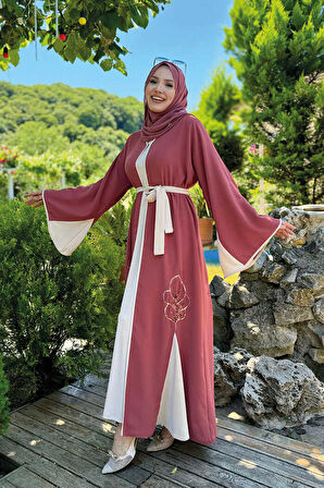 Nakış İşleme Detaylı Bel Kuşaklı Abaya 7901 Gül Kurusu