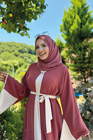 Nakış İşleme Detaylı Bel Kuşaklı Abaya 7901 Gül Kurusu
