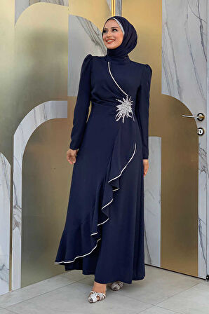 Bel Kısmı Taş İşlemeli Fırfır Görünümlü Elbise 3894 Lacivert
