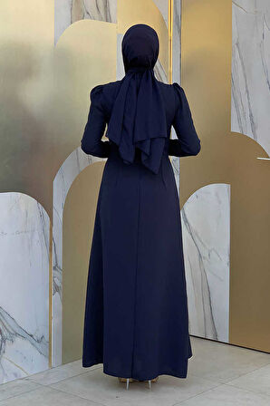 Bel Kısmı Taş İşlemeli Fırfır Görünümlü Elbise 3894 Lacivert