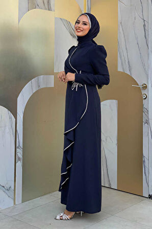 Bel Kısmı Taş İşlemeli Fırfır Görünümlü Elbise 3894 Lacivert