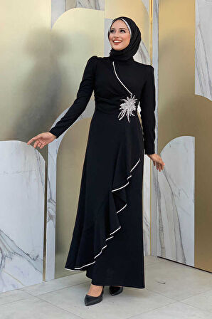 Bel Kısmı Taş İşlemeli Fırfır Görünümlü Elbise 3894 Siyah