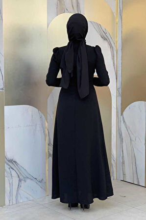 Bel Kısmı Taş İşlemeli Fırfır Görünümlü Elbise 3894 Siyah