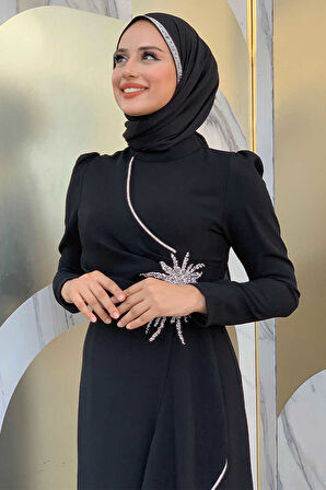 Bel Kısmı Taş İşlemeli Fırfır Görünümlü Elbise 3894 Siyah