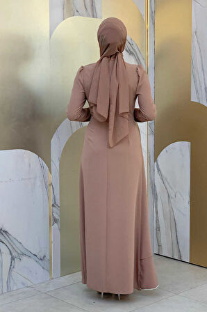 Bel Kısmı Taş İşlemeli Fırfır Görünümlü Elbise 3894 Vizon