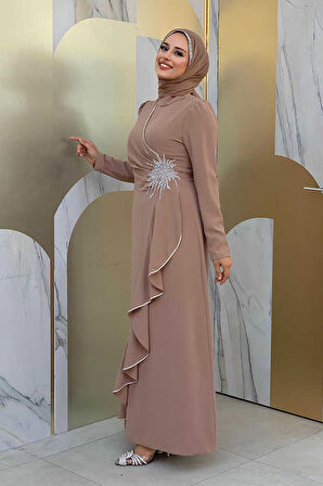 Bel Kısmı Taş İşlemeli Fırfır Görünümlü Elbise 3894 Vizon