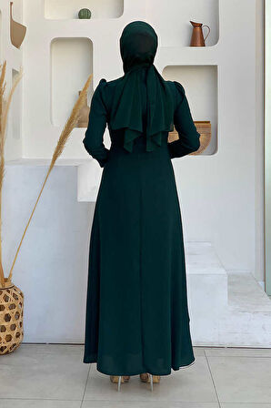 Bel Kısmı Taş İşlemeli Fırfır Görünümlü Elbise 3894 Zümrüt