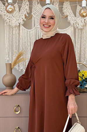 Tek Tarafı Yandan Büzmeli Elbise 6017 Kahverengi
