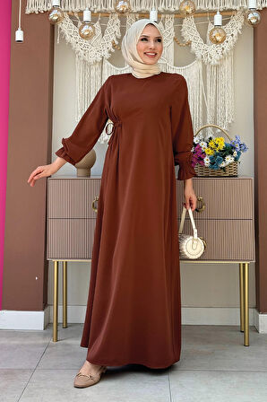 Tek Tarafı Yandan Büzmeli Elbise 6017 Kahverengi