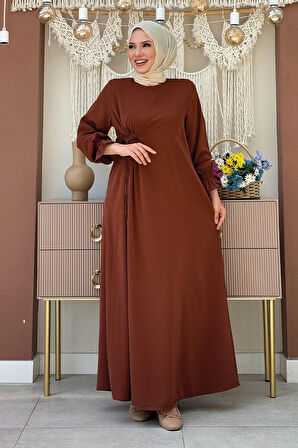Tek Tarafı Yandan Büzmeli Elbise 6017 Kahverengi