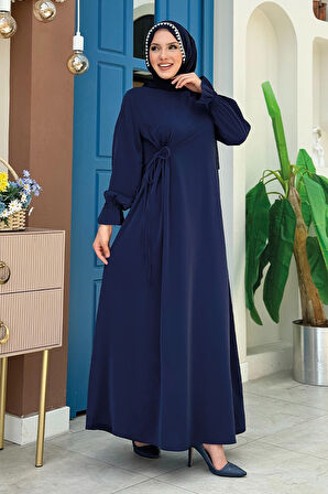 Tek Tarafı Yandan Büzmeli Elbise 6017 Lacivert