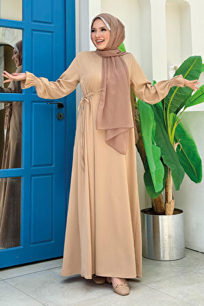 Tek Tarafı Yandan Büzmeli Elbise 6017 Vizon