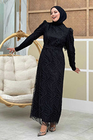 Dal Desenli Simli Tül Büyük Beden Abiye Elbise 1140-1 Siyah