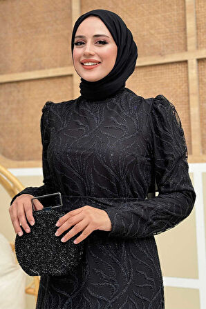 Dal Desenli Simli Tül Büyük Beden Abiye Elbise 1140-1 Siyah