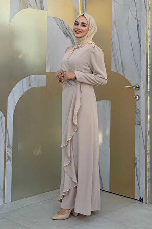 Bel Kısmı Taş İşlemeli Fırfır Görünümlü Elbise 3894 Taş