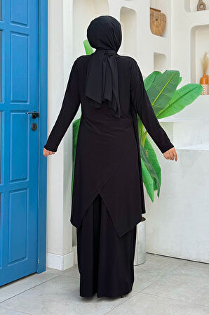 Şal Yaka Verevli Asimetrik Kesim Pantolon Tunik Takım 8552 Siyah