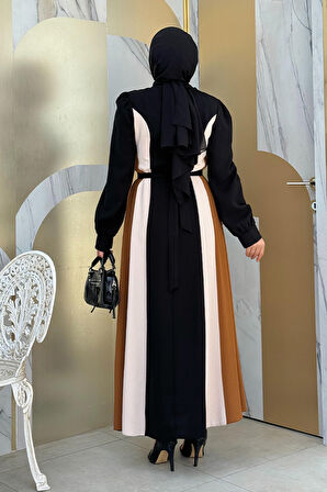 Bel Kuşaklı Üç Renk Elbise 3901 Siyah