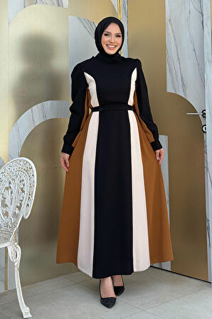 Bel Kuşaklı Üç Renk Elbise 3901 Siyah