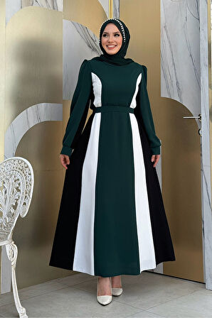 Bel Kuşaklı Üç Renk Elbise 3901 Zümrüt