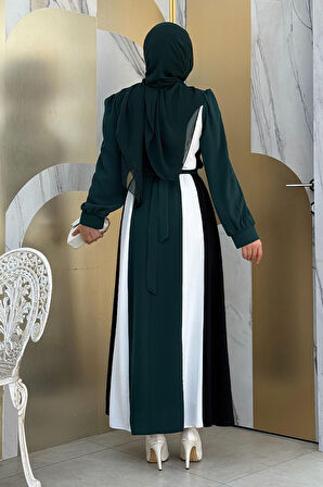 Bel Kuşaklı Üç Renk Elbise 3901 Zümrüt