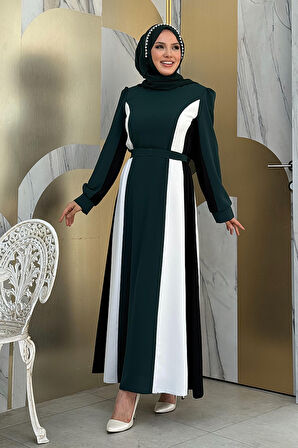 Bel Kuşaklı Üç Renk Elbise 3901 Zümrüt