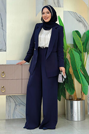 Düğme Detay Blazer Ceket Bol Pantolon Takım 8302 Lacivert